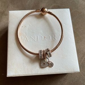 Pandora Rose Gold Charms Bracelet w/ 3 Rose Gold Pandora Charm
